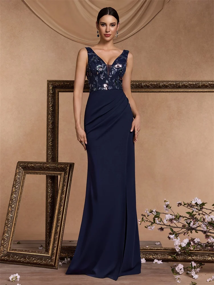 

Lucyinlove Elegant V-neck Split Sequin Formal Evening Dress Women Chiffon Blue Mermaid Bridesmaid Party Maxi Prom Cocktail Gown