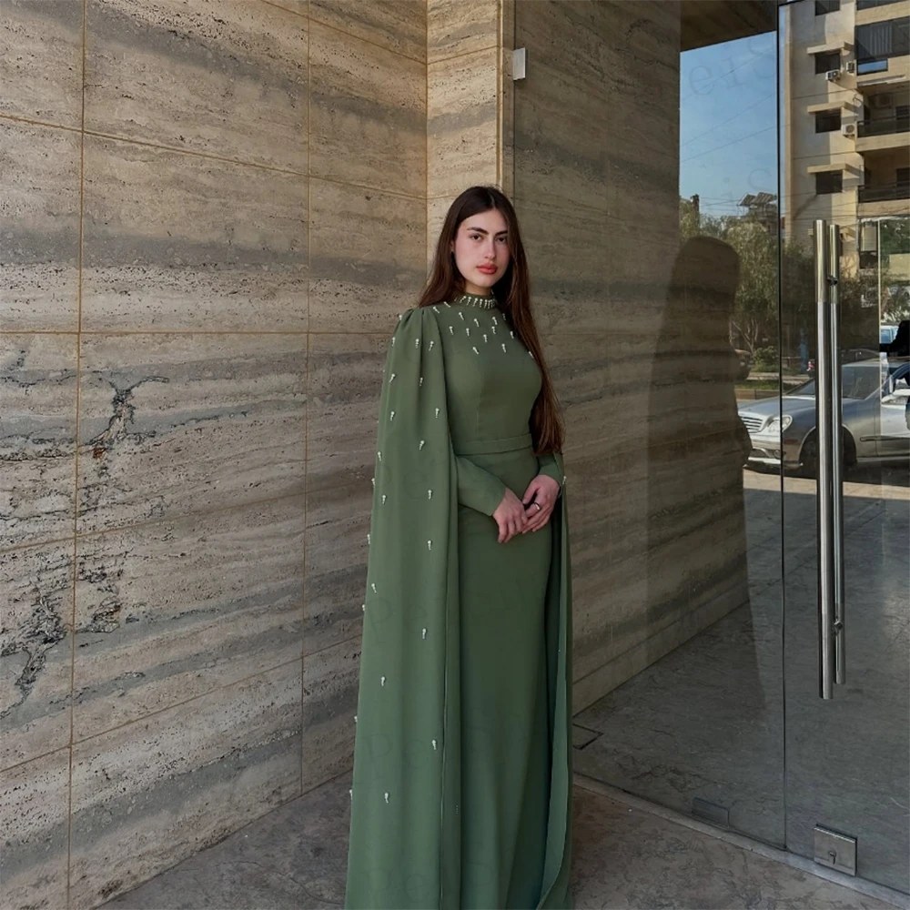 ที่กําหนดเองตรงชุดราตรียาวคอเต็มแขนชุดราตรีแฟชั่น Stole ประดับด้วยลูกปัด Draped ชุดราตรี