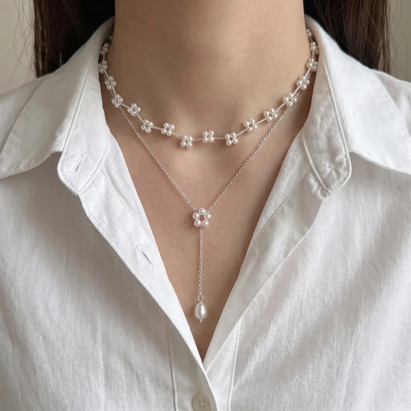 Necklace Drop Pearl Pendant Silver Chain Beaded Long Adjustable Layering Sleek Premium Versatile Daily Wear Women