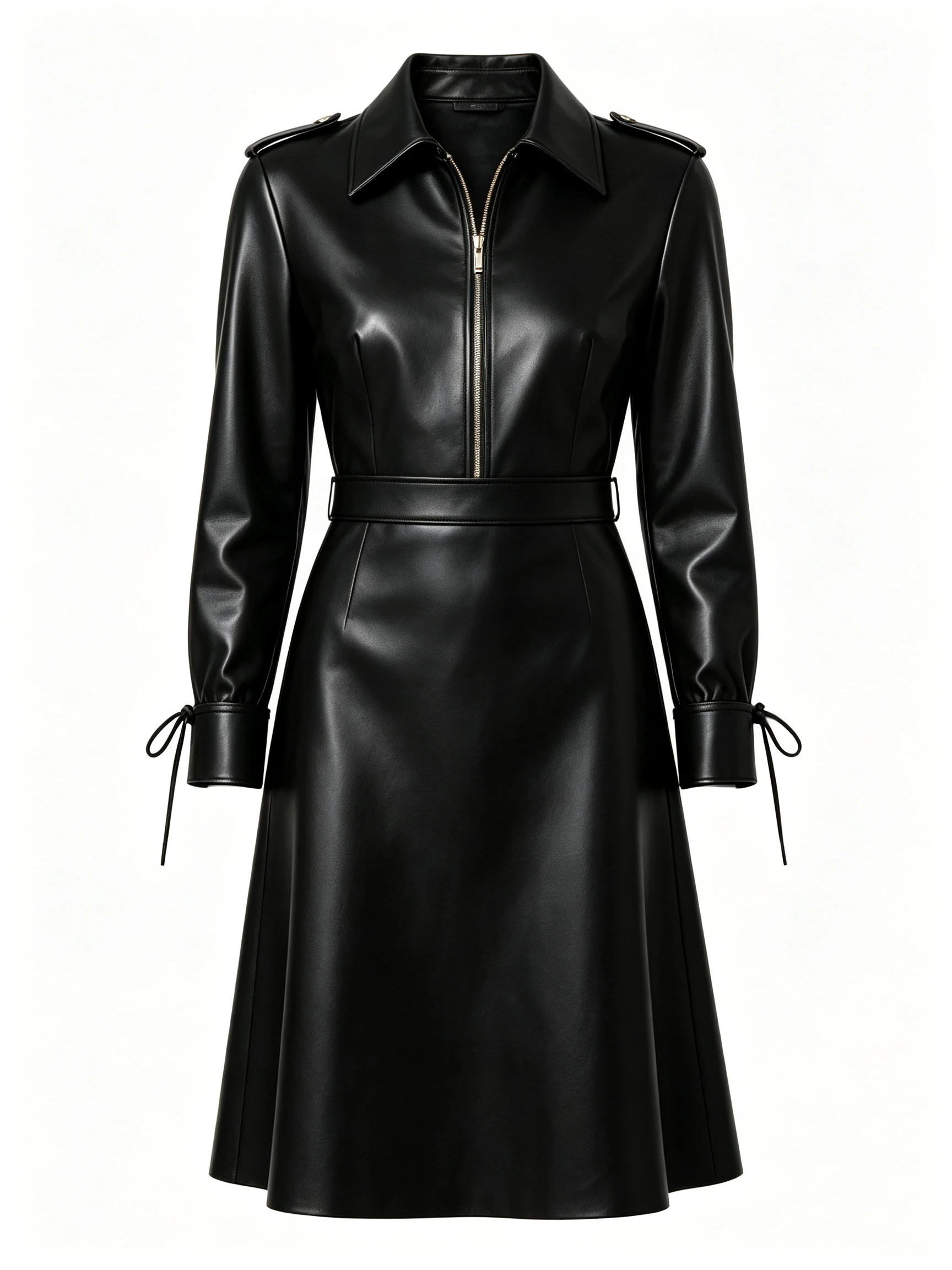 Women's Faux Leather Trench Coat with Zip Front and Belted Waist