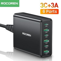 Rocoren 6 in 1 60W USB Charger Type C PD Fast Charging Multiple Ports Desktop Power Station For iPhone 16 15 Pro Max Xiaomi 14