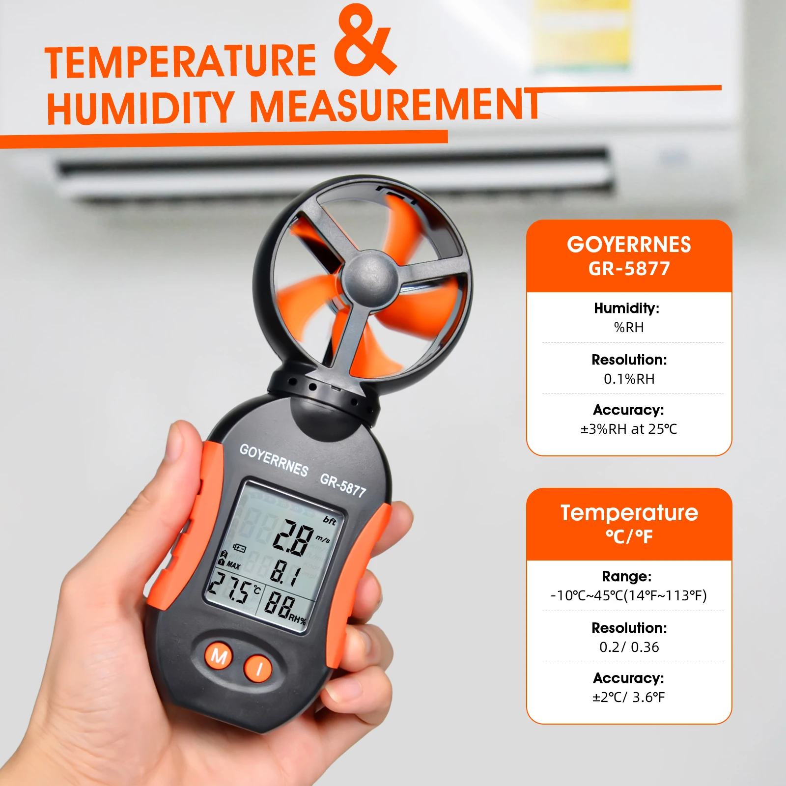 Anemometer Wind Speed/Temp/Humidity Meter 0.3-30m/s, 5 Units, Tripod Mount, 110g Lightweight,  With Tripod Mount Weather