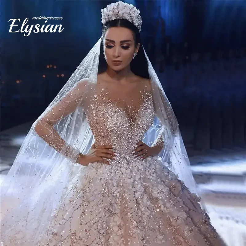 Personalizado novo vestido de casamento de luxo feito à mão elegante renda manga longa vestido de casamento sexy o-pescoço weddin
