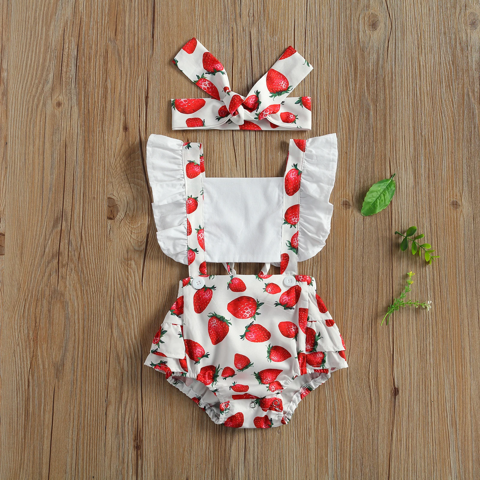 

Newborn Baby Girls Bodysuits Headband 2pcs Watermelon/Strawberry Print Backless Ruffles Short Sleeve Jumpsuits