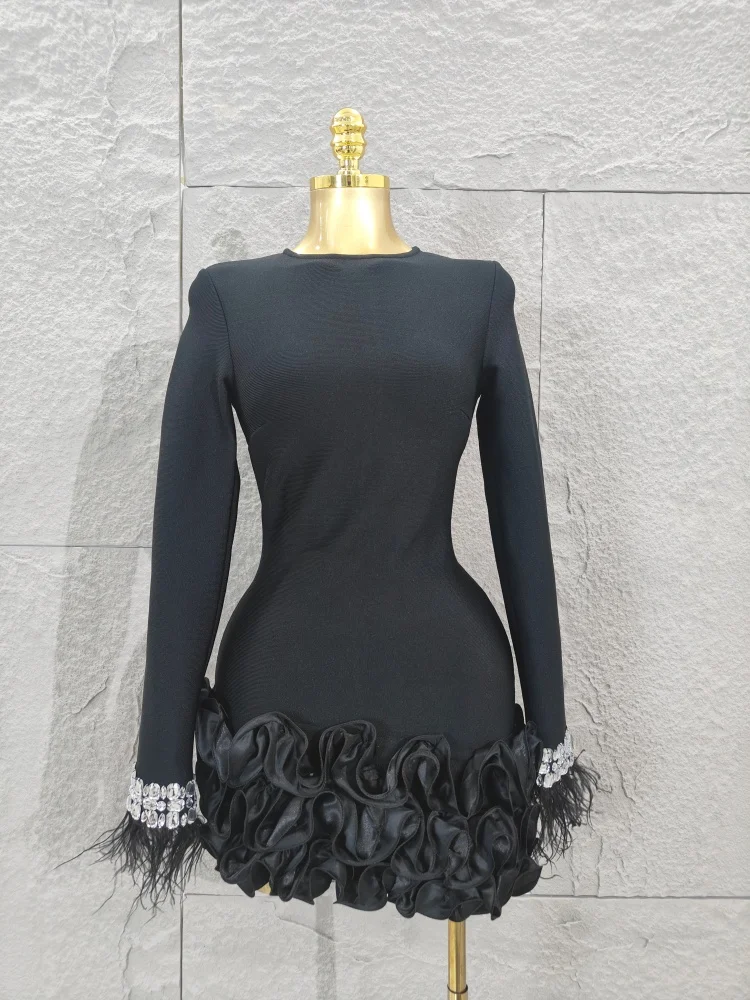 

2025 New Black Color Women Long Sleeve Sexy Shinning Crystal Florals Bodycon Mini Dess Bandage Fashion Nightclub Wear
