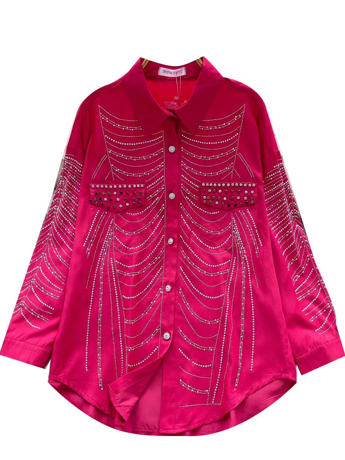 Casual losse lange Sve Diamond Embellied Dames irt European Faion Sle Single Button-up Top Comfortabele losse pasvorm