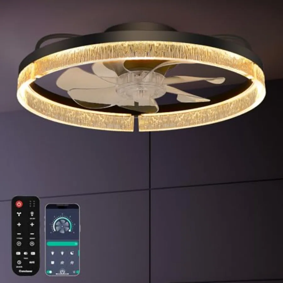 20 Inch Ceiling Fans with Lights and Remote, Flush Mount, 3CCT 3000-6500K Dimmable 4W-35W, Low Profile 6 Speed Reversible Quiet