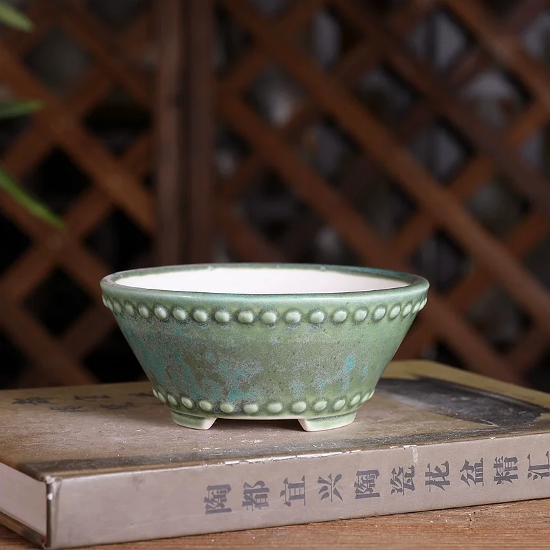 Colorful Light GreenGlazed Round Circle Bonsai Pot,Tradition Chinese Garden Decoration