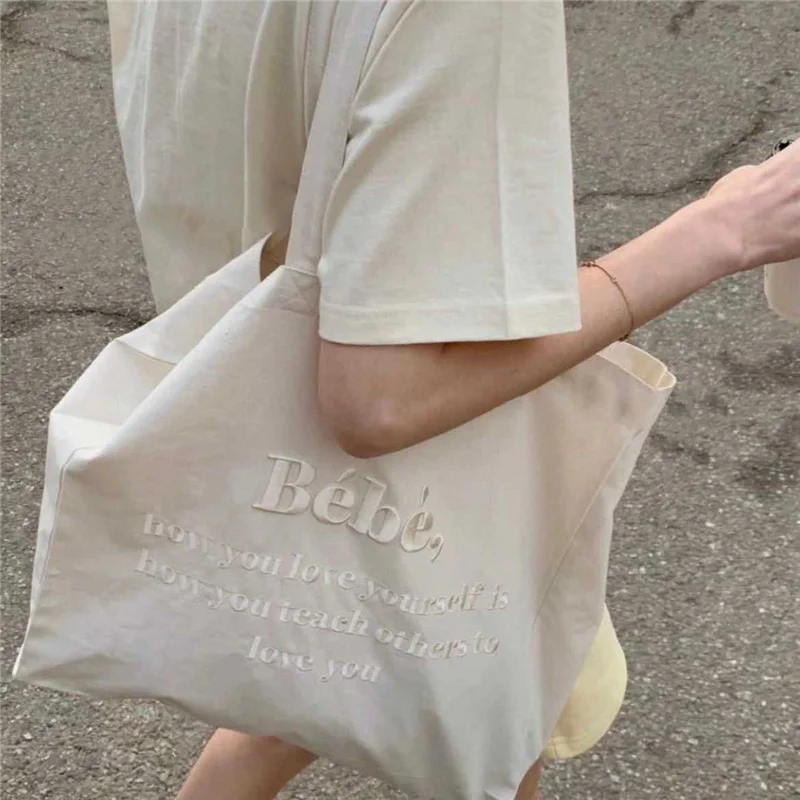 Women Canvas Shoulder Bag Four Colors Available Ladies Casual Handbag Tote Bag Large Capacity Cotton Reusable Shopping Beach Bag