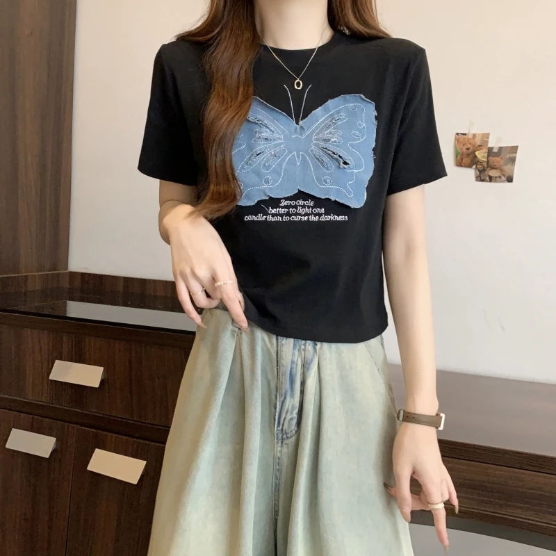 2024 summer denim patch short sleeved T-shirt women's hollowed out top