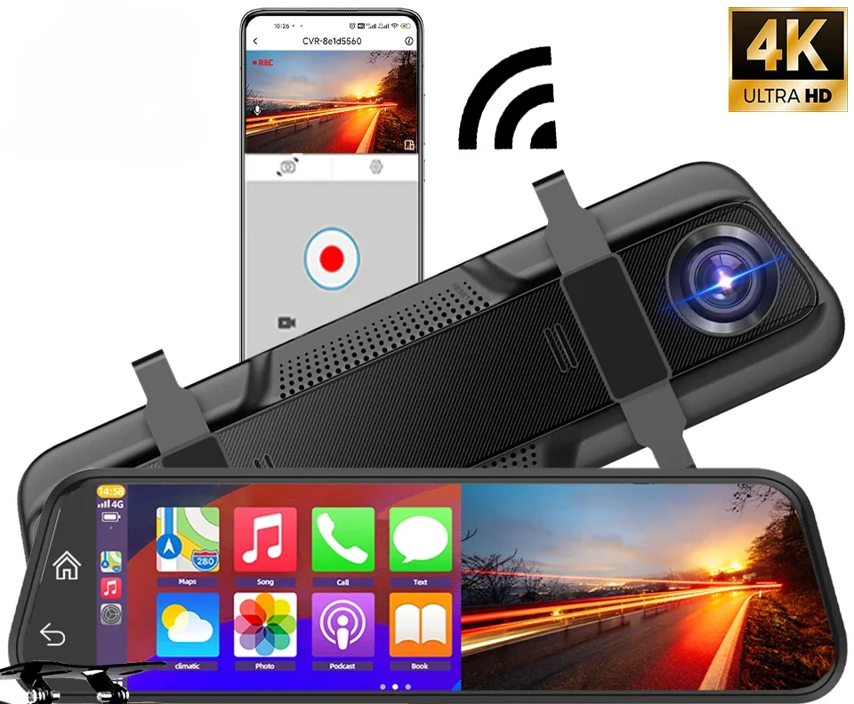 10” 4K Car Dvr Mirror Wireless Carplay & Android Auto Dashcam Video Recorder 1080P Rear View Camera GPS WIFI