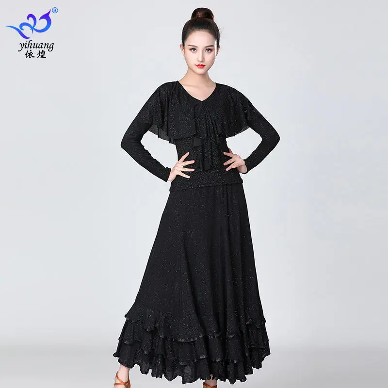 Modern Dance Skirt Training Suit Long Sleeve Performance Suit Sequin Dance Skirt Waltz Social Dance Big Swing Skirt