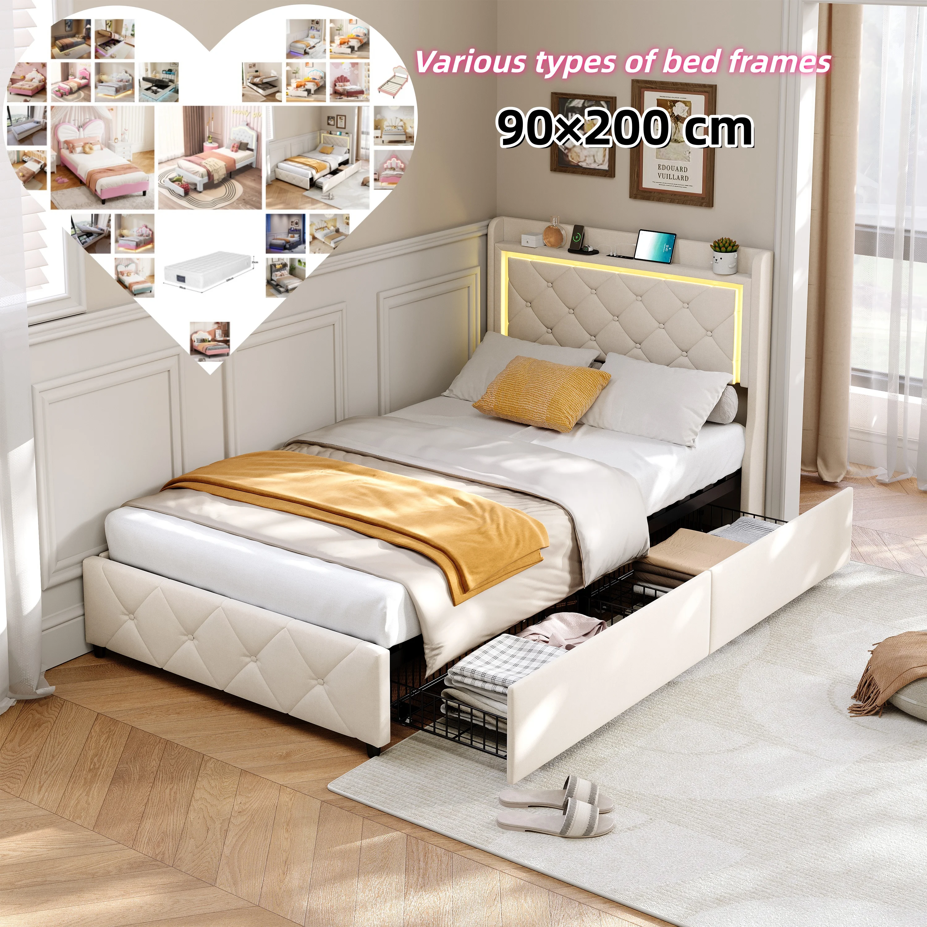 Lit simple pour enfants Anajqaqia 90×200 cm. Lit rembourré avec cadre en lattes, divers types de cadres de lit, sans matelas