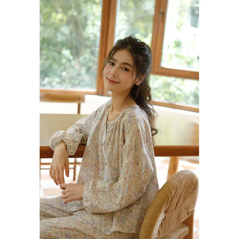 Autumn Cotton Double-layer Gauze Pajama Set Long-sleeved Printing Loungewear Round Neck Loose Retro Style Pajamas for Women