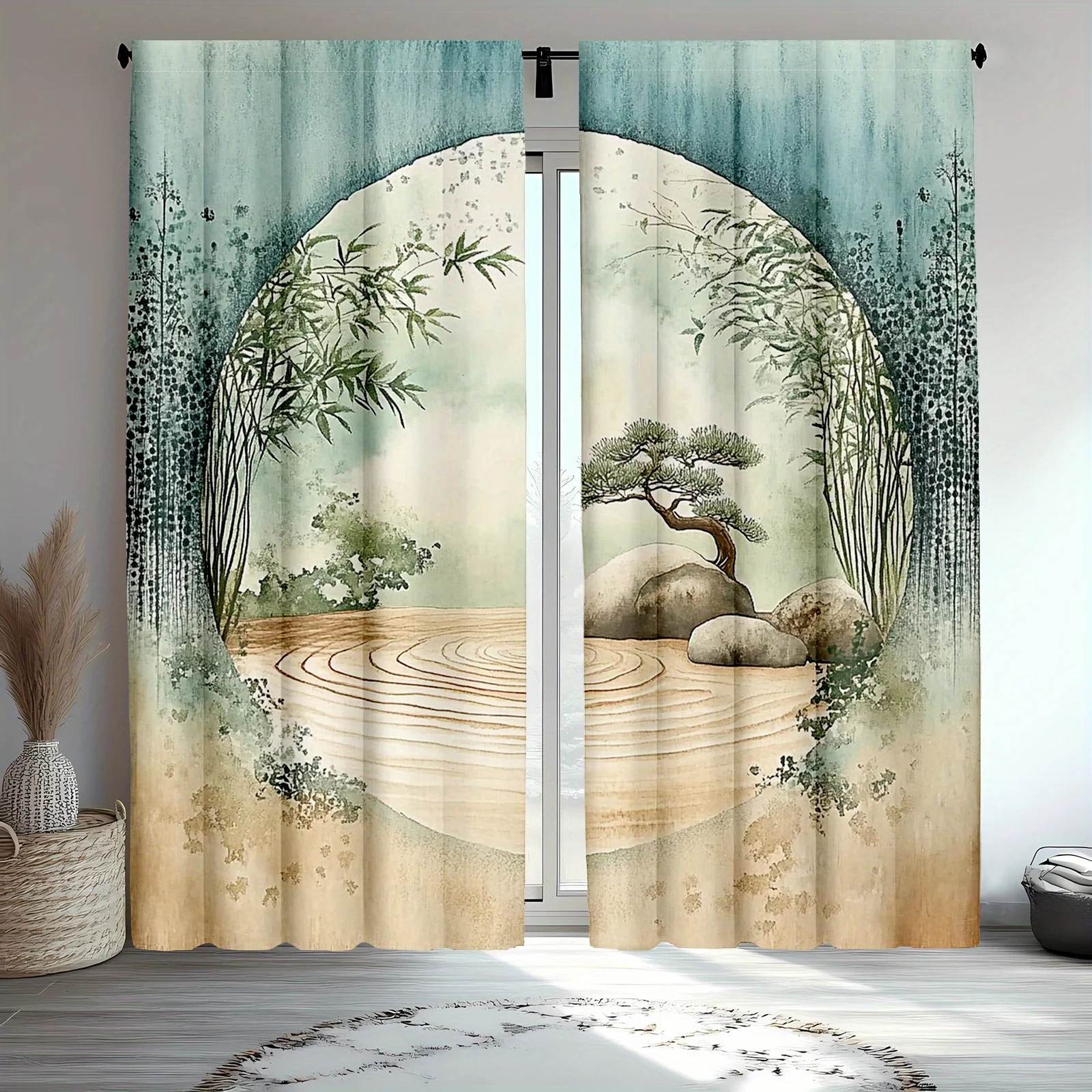 Wabi Sabi Zen Blackout Rod Pocket Curtain Circular Frame Bamboo Pine Rock Ink Decor Tea Homestay Meditation Room Bay Window