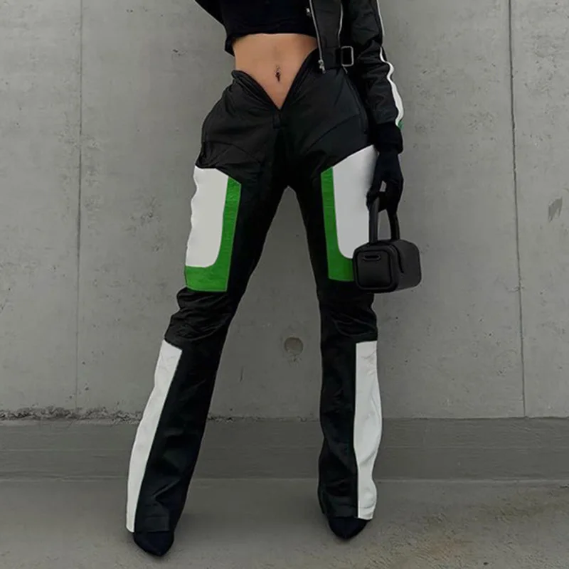 

Crystal 2023 Straight Leather Pants Women Fashion V Waist Contrast Color Motorcycle Racing Pants American Elastic Wide Leg Trous