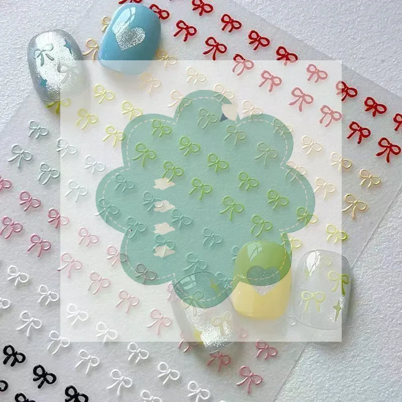 2Pcs 3D Embossed Bow Nail Stickers Multicolor Mini Bow Nail Art Decals Self Adhesive Manicure Decorations
