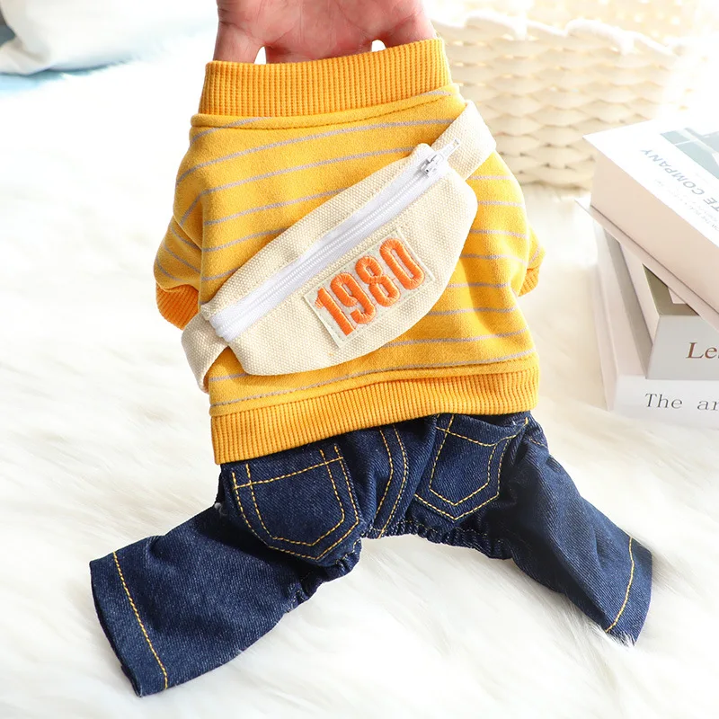 Dog Clothing Autumn Shoulder Bag Denim Strap Pants Yellow Red Stripes Cotton Jumpsuits Small and Medium-sized Pet Clothing