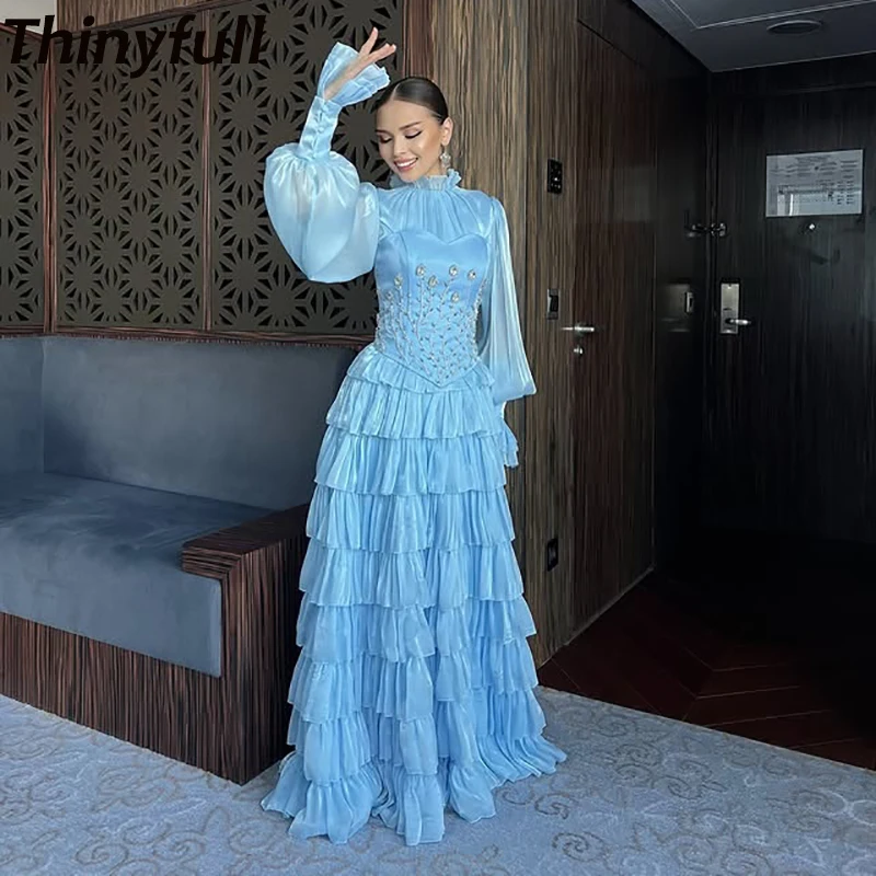 

Thinyfull A-line Prom Dresses Full Sleeves Crystal Tiered Arab Evening Party Gown Long Formal Occasion Dress Customized ﻿