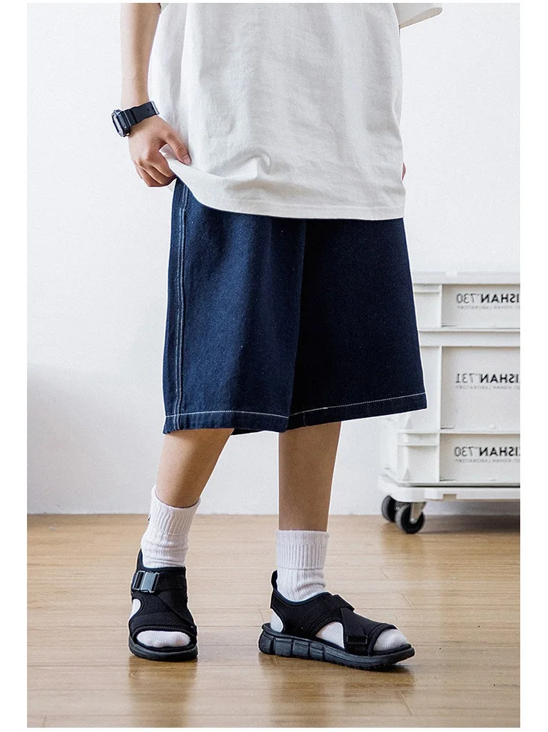 

Summer Casual Loose Straight Leg Elastic Waist Drawstring Deep Blue Denim Shorts Unisex Wide Leg Five-Quarter Length Jeans