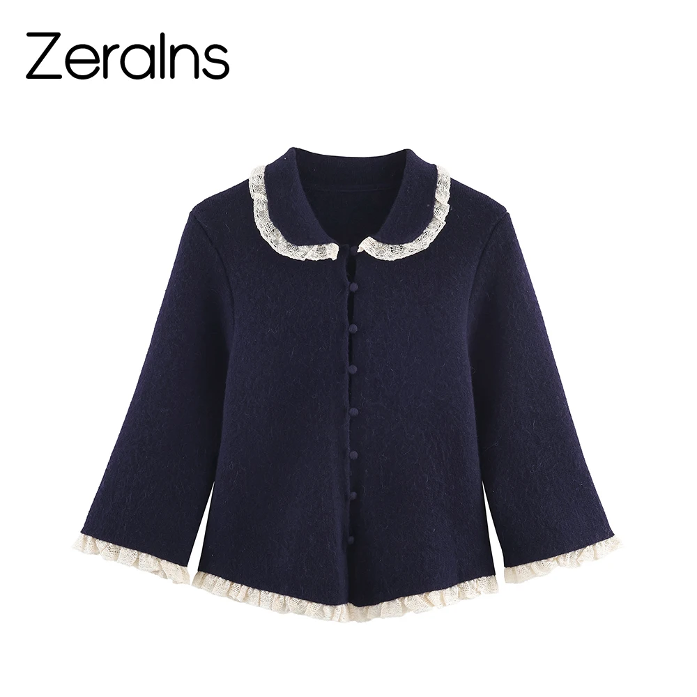 

ZERAINS Зимний новый продукт, вязаный кардиган с длинными рукавами и кружевом во французском стиле ретро, украшенный маленьким круглым лацканом