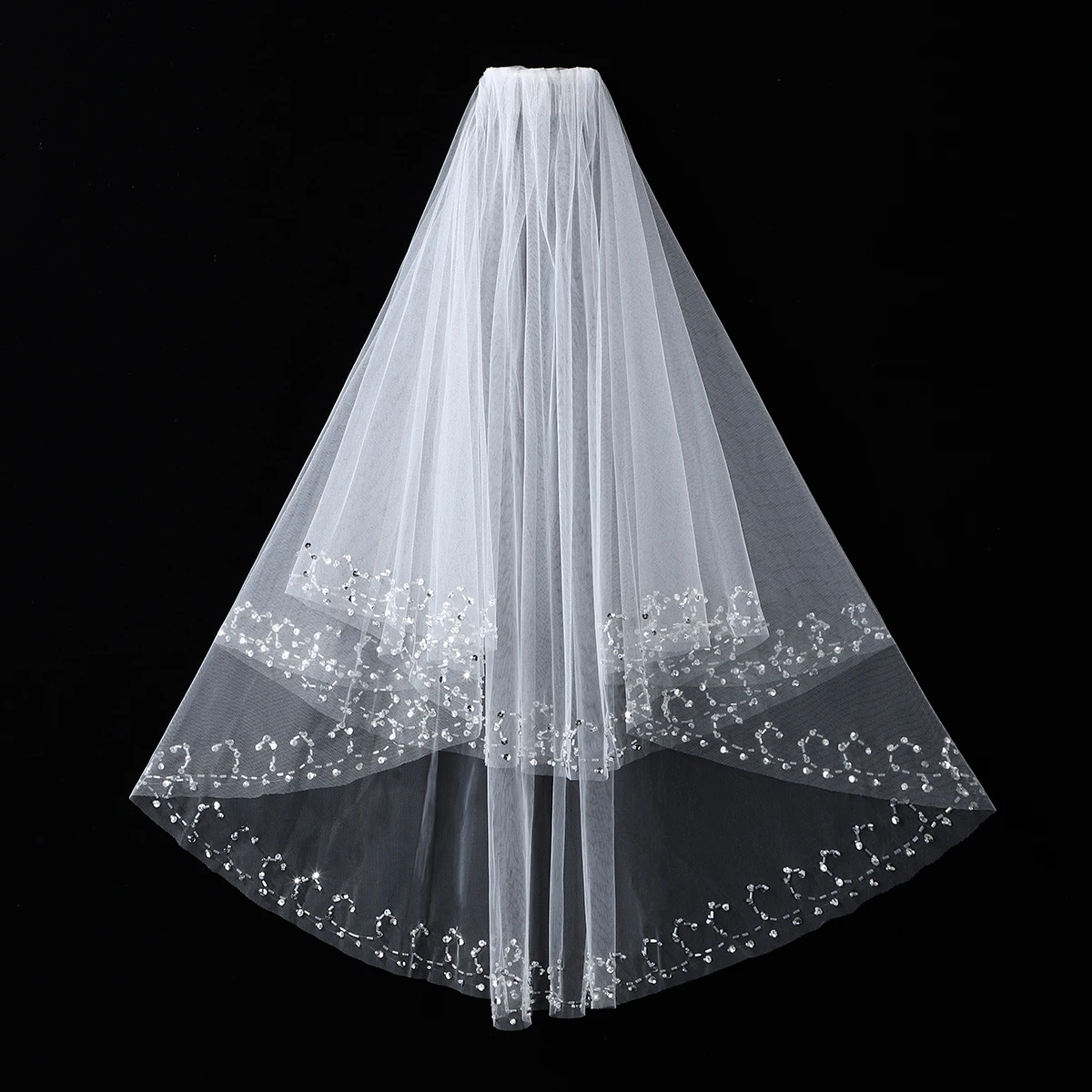 white elegant bride's veil with beaded decorations, suitable for women's wedding waist length veils