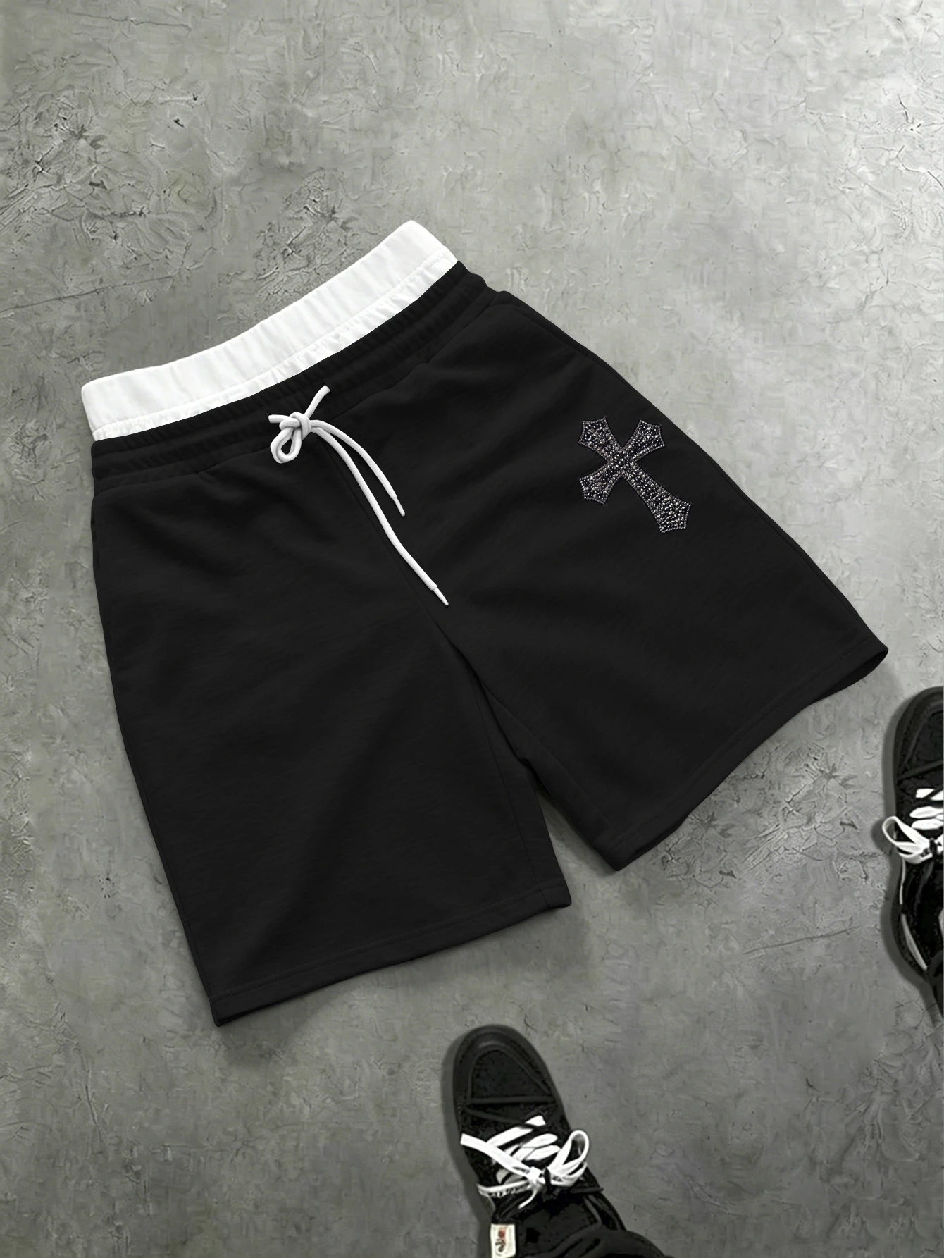 Men's Loose Streetwear Contrast Waist Cross Rhinestone Drawstring Shorts Polyester Multi Color Shorts S-2XL All Size 1Pc