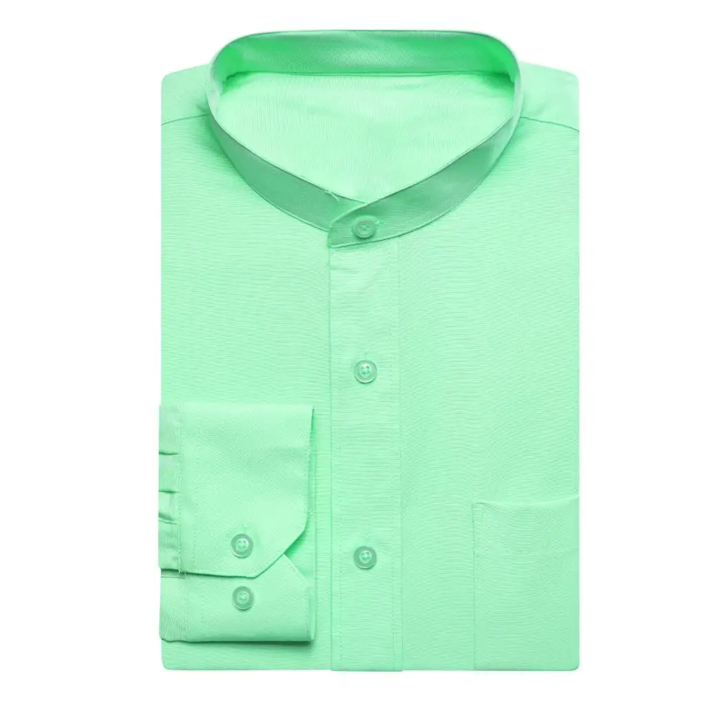 Hi-Tie Plain Mint Green Silk Mens Shirts Long Sleeve Mandarin Collar Jacket Coat Shirt Elegant Light Summer Spring Male Blouse