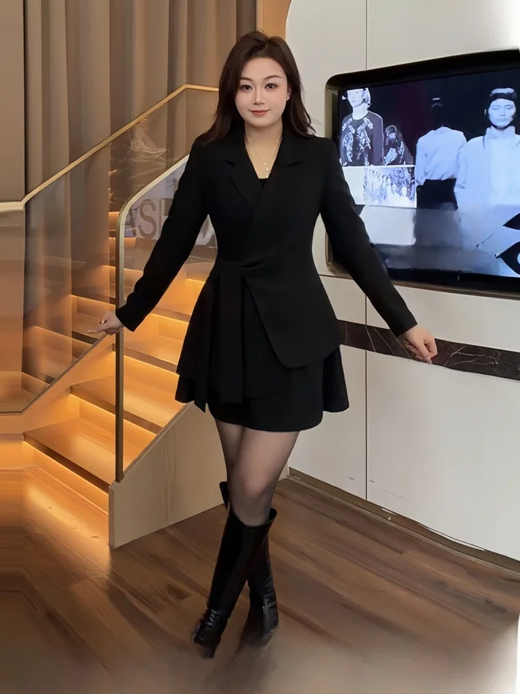 

Асимметричный костюм из джета и юбки с высокой талией, комплект из двух предметов для женщин больших размеров, корейский костюм с застежкой на талии...