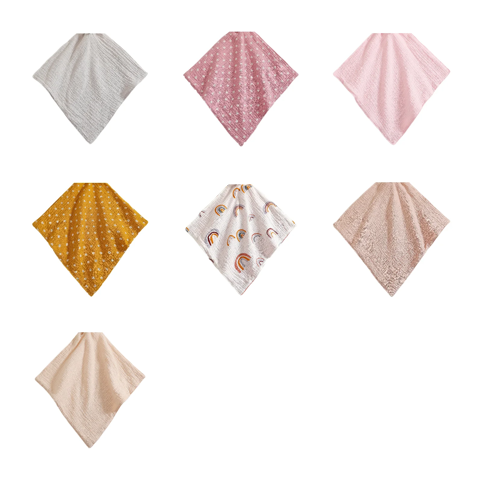 Paquete de 7 toallitas para bebé: gris claro/blancas con puntos de raíz de loto/rosa claro/blancas con puntos de cúrcuma/aranjado arcoíris/caqui/beige