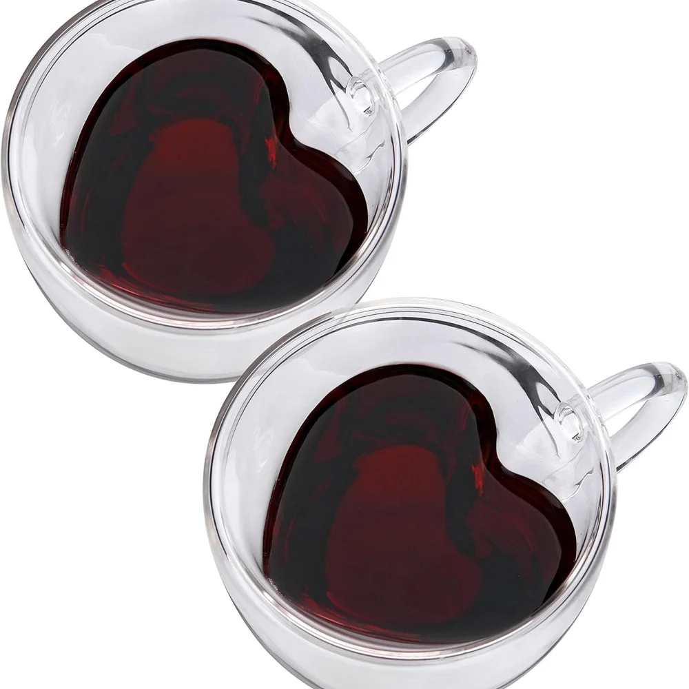 

1/2pcs Peach Heart Mug Double Wall Glass Coffee Mug with Handle for Coffee,Cappuccino, Latte, Milk Drinkware Hot/Cold Drinks