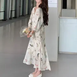 Elegant V-Neck Printed Dresses French Style 2024 Spring Summer Loose A-Line 3/4 Sleeve Women's Clothing Stylish Folds Long Dress