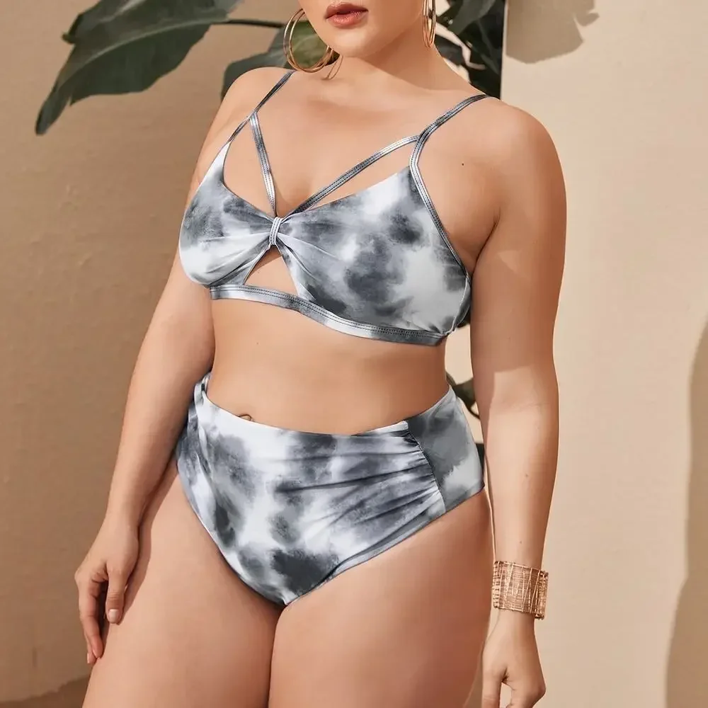 2025 Print 2 Piece Plus Size Bikini Women Strapped Hollow Large Swimsuit High Waist Lady Swimwear Chubby Curvy Bathing Suit