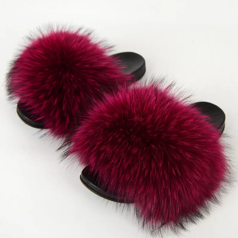 Real Raccoon Fur Slippers Women\'s Summer Fur Slippers Big Size Furry Natural Fur Shoes Beach Plush Sliders Fashion Female Shoes