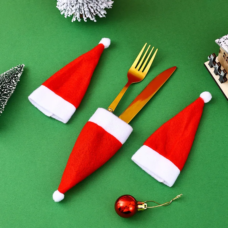 

10/20/50Pcs Christmas Hat for Fork Knife Tableware Decorations Plush Mini Santa Hat Family Party Decor New Year Gifts Xmas Hat