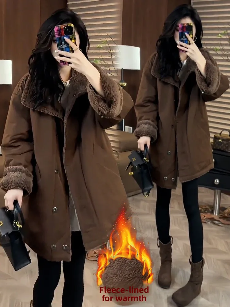 

Женское модное теплое пальто на подкладке Fce, ленивое пальто для поездок на работу, зима кинозмы, корейская версия, повседневное пальто средней длины