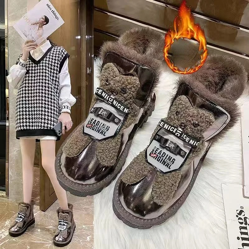 Short Barrel Snow Boots Woman Low Winter 2024 Furry Silver Footwear Leather and Fur Ankle Booties Shoes for Women Flat Elegant