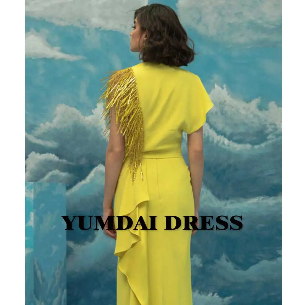 YUMDI Yellow Tassel Single Rotator Sleeve Cocktail Ball Gown Saudi Arabian Ladies Special Occasion Formal Dress 2023 Candy Color