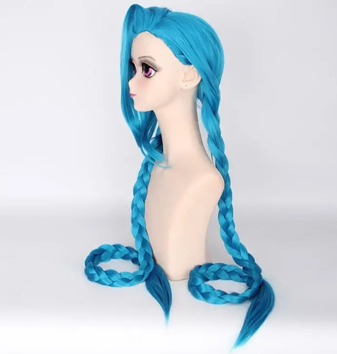 Perucas Cosplay Anime azul para mulheres, tranças de rabo de cavalo duplo, cabelo longo feminino