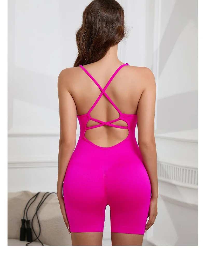 Sexy nahtloser pfirsichfarbener Hüft-Yoga-Overall – schnell trocknender, dehnbarer Strickstoff, abnehmbare Polster, gestreiftes Design, schmale Passform für Frauen – Detail 12