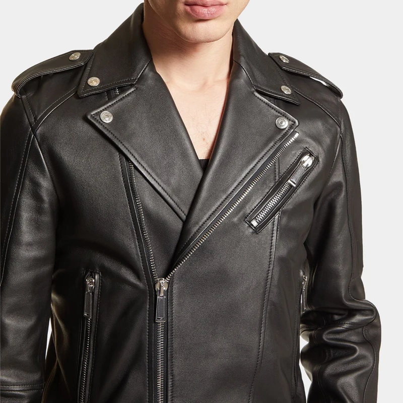 Classic Black Sheepskin Leather Jacket for Men - Motorcycle Style Custom Calf Leather British Coat