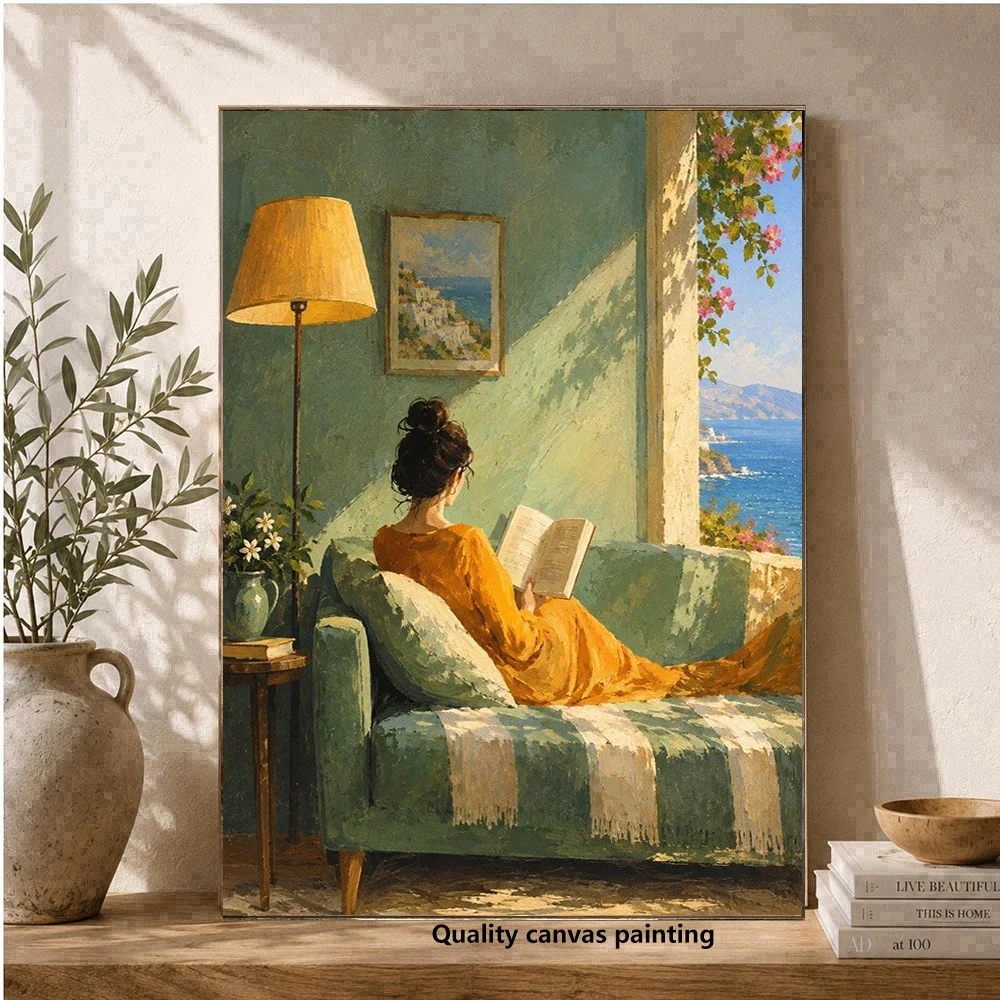 Frameless Canvas Painting Relaxing Reading Moment, Woman On Sofa Canvas, Coastal View Wall Art, Sunlit Interior Canvas, Home Dec