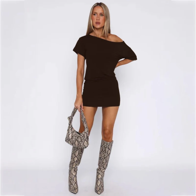 Summer Sexy Black One Shoulder Women's Short Dress 2026 Casual High Waist Pencil Dresses Female Street Style Short Sleeve Dress