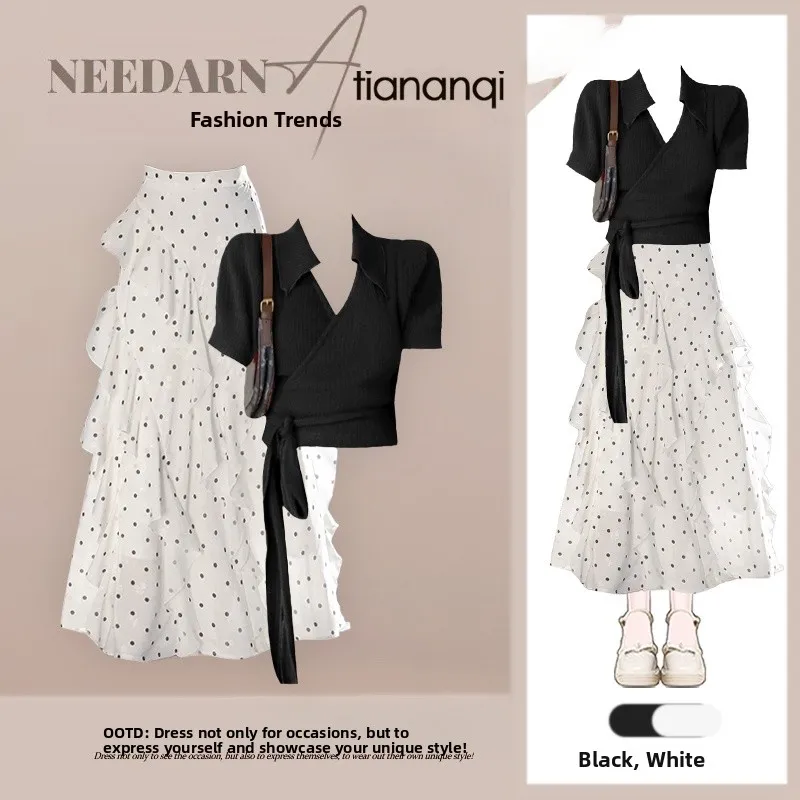 

Summer 2026 Women's Fashionable T-Shirt And Polka Dot Half Skirt Two-Piece Set Gentle Wind Whole Set Large Size Women's Suit