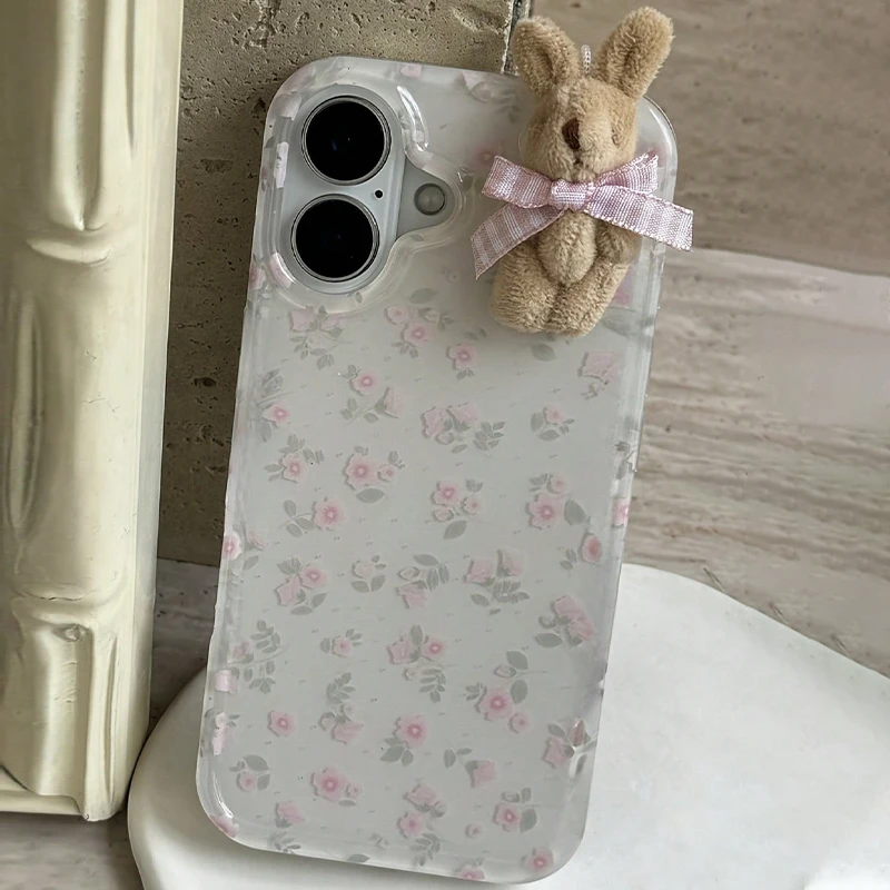 Coque de téléphone à motif Floral de lapin marron, avec nœud en treillis 3D, pour iPhone 17 Air 16 15 14 13 12 11 Pro Max 7 8 Plus 16e X XR XS Max