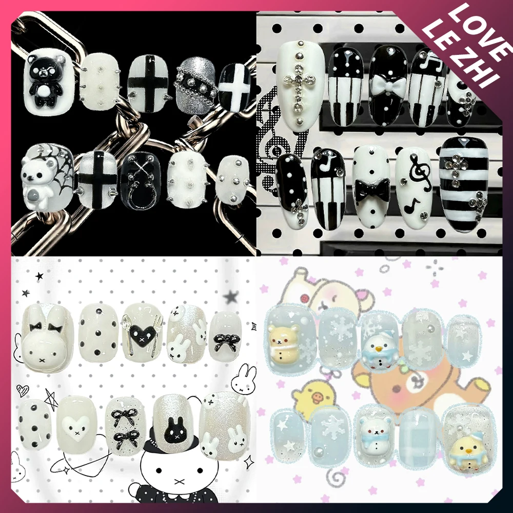 

10Pcs Cartoon Kawaii Rilakkuma Rabbit Handmade Short Square Round False Nails Diamond Rivet Bowknot Musical Notes Press On Nails