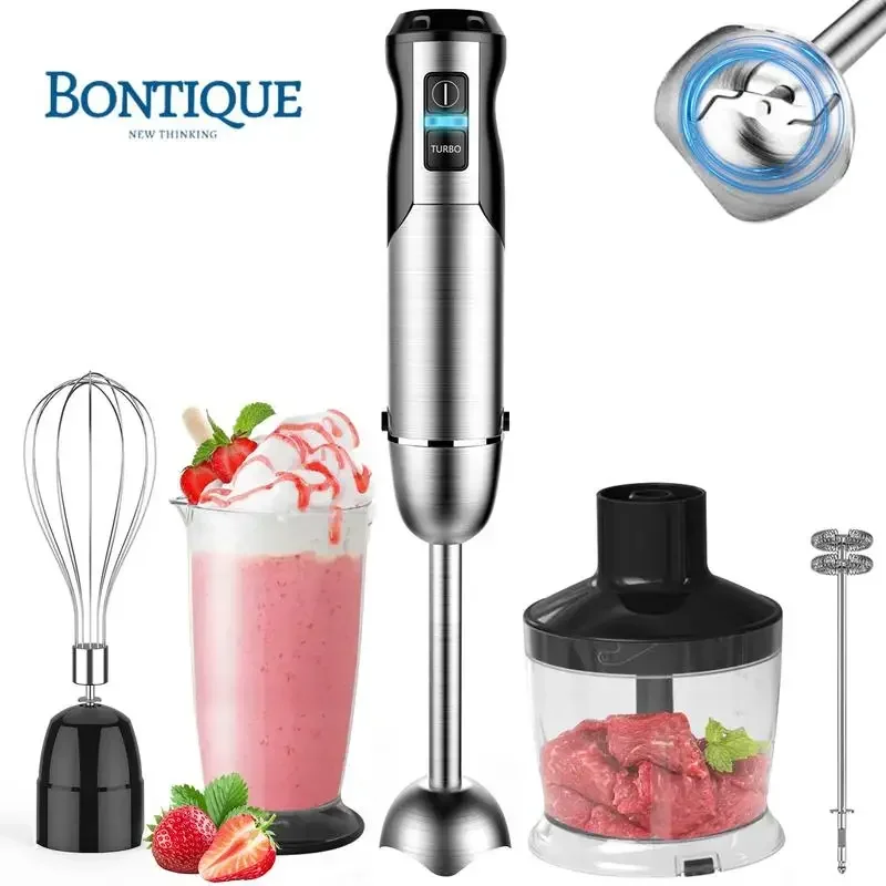 Bontique 5in1 Immersion Handheld Blender Set , 400W 12Speed Food Processor 600ml Beaker, 500ml chopper, Egg Whisk Milk Frother