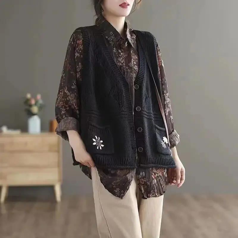 Knitted cardigan vest waistcoat summer and autumn embroidery pocket vintage art cut-out sleeveless cardigan sweater vest female