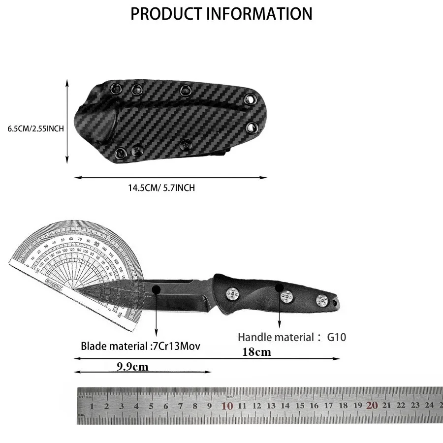 113 سكين مستقيم صغير من الفولاذ المقاوم للصدأ باللون الأسود - مقبض 7Cr13Mov Blade G10 مناسب للبقاء في الهواء الطلق وقطع الحبال #5