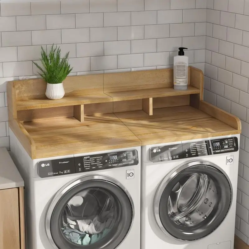 54" Washer Dryer Countertop with Non-slip Pads, Double Layer Laundry Organizer, Natural Wood Shelf for Washer and Dryer with
